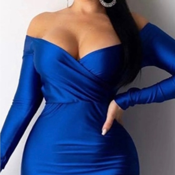 Royal Blue Dress off shoulder side split slim evening maxi party dress  XL fits - Picture 2 of 6